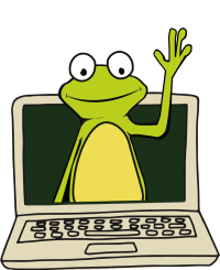 frog on laptop waving@2x